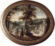 A landscape with elegant figures promenading before a lake,a castle beyond, unknow artist